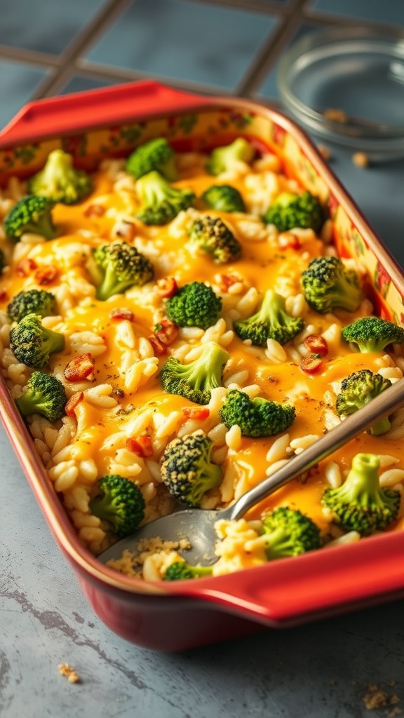 A delicious cheesy broccoli and rice bake in a red baking dish with vibrant green broccoli and melted cheese on top.