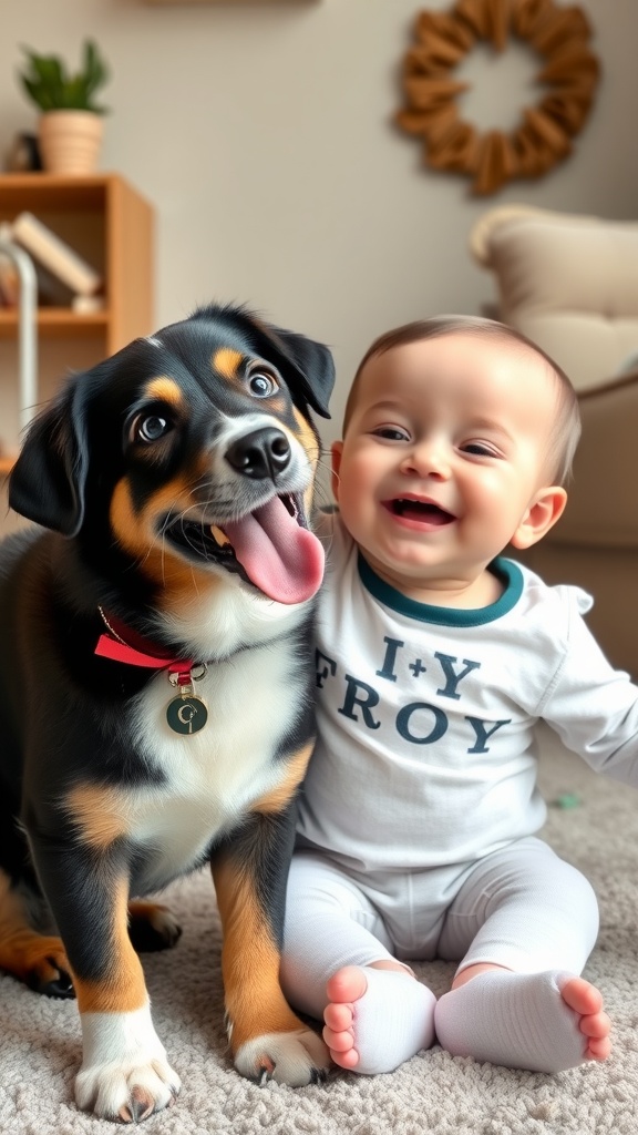 An 8-month-old baby smiling next to a playful dog, showcasing their bond.
