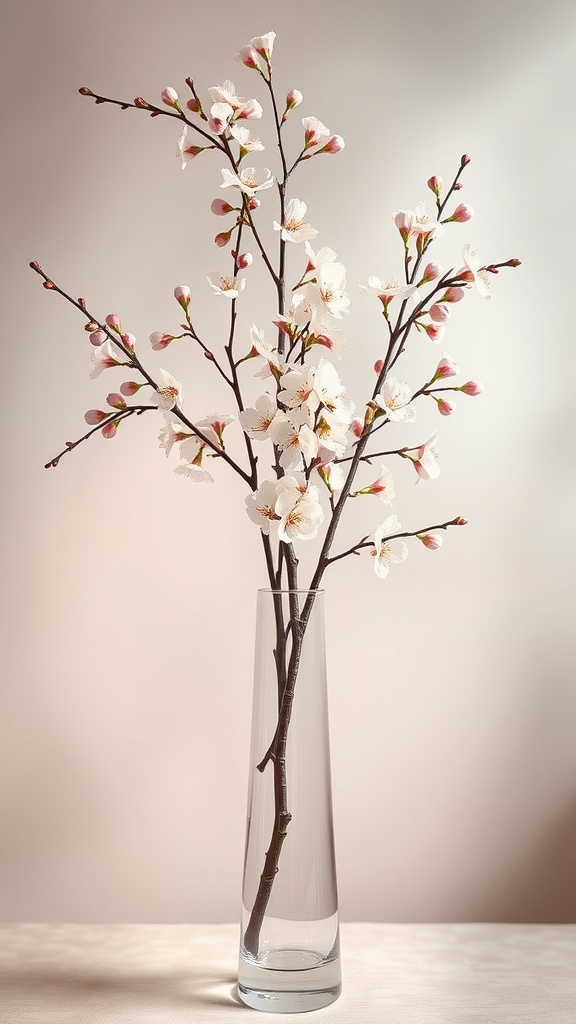 A floral arrangement featuring cherry blossom branches in a clear vase.