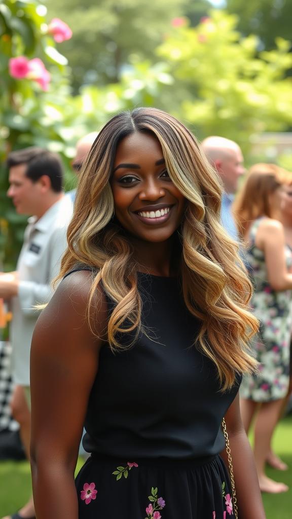 A woman with chestnut blonde loose waves smiling at an outdoor event.