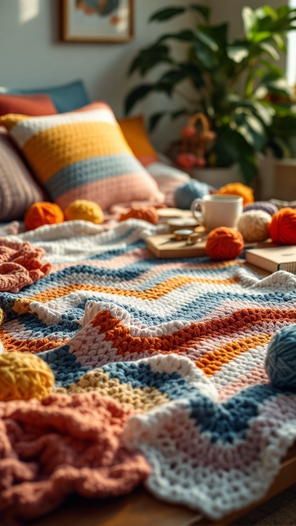 A colorful chevron crochet bedspread displayed on a bed, surrounded by yarn and crafting supplies