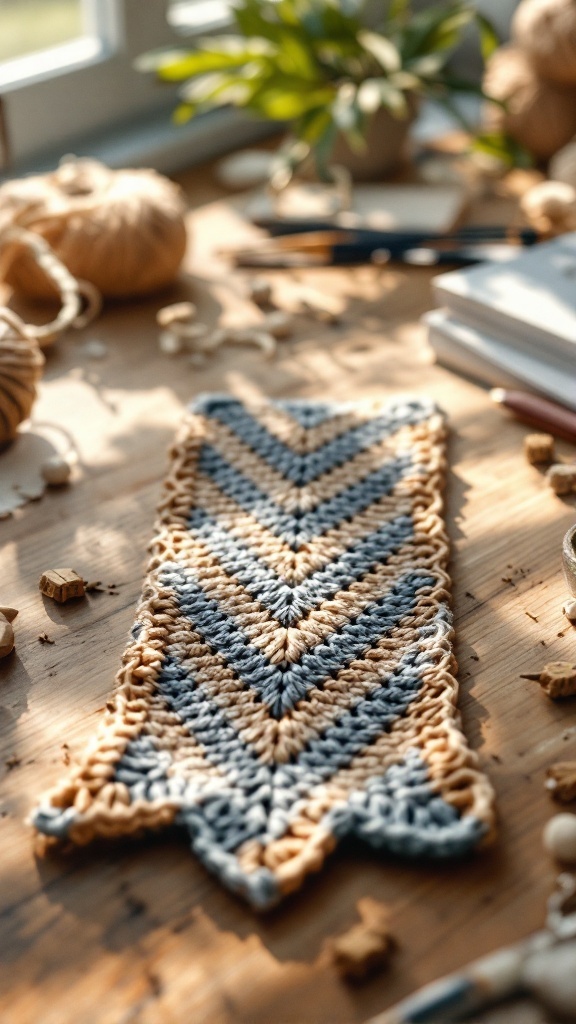 A chevron patterned crochet bookmark in blue and beige colors, placed on a wooden table with yarn and crafting tools.