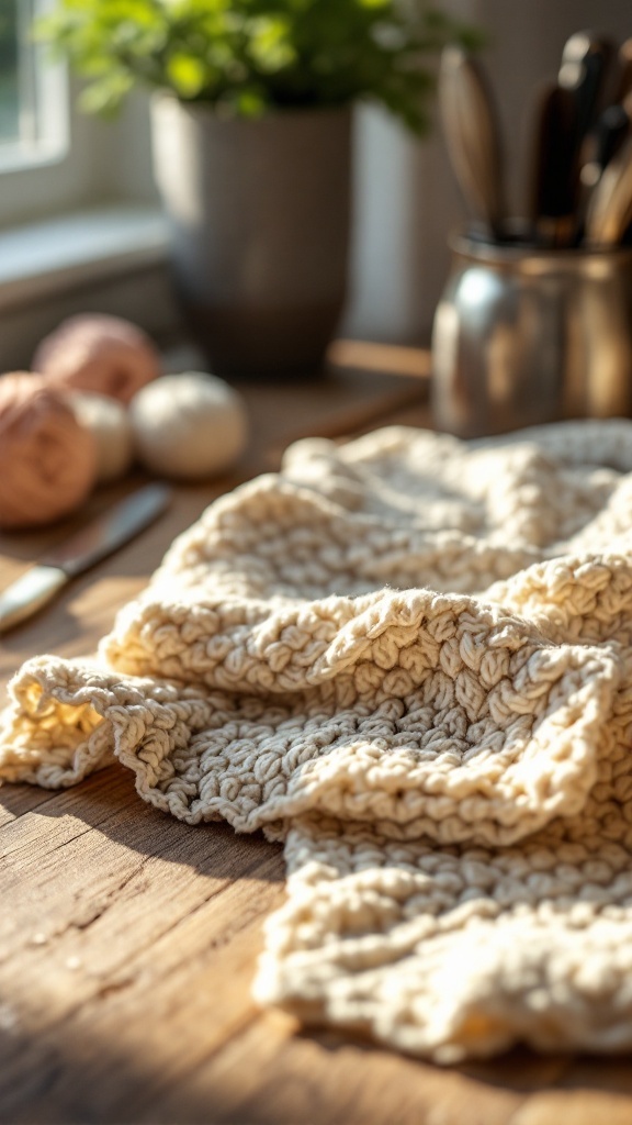 A chevron patterned crochet dishcloth on a wooden table with yarn and plants in the background.