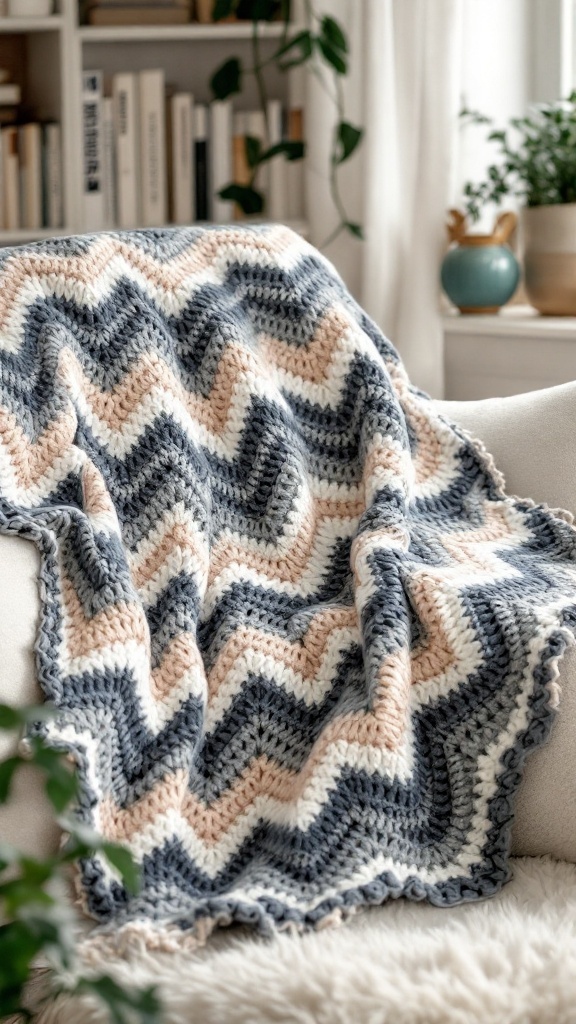 A cozy crochet blanket with a chevron stitch pattern in shades of gray, peach, and cream, draped over a chair.