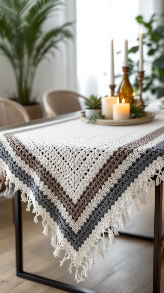 A crochet tablecloth with a chevron pattern in white, gray, and brown, draped over a table with candles and plants.