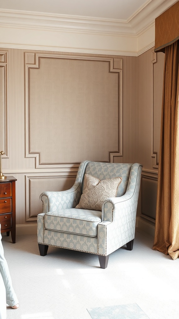 Elegant light blue accent chair in a stylish bedroom setting