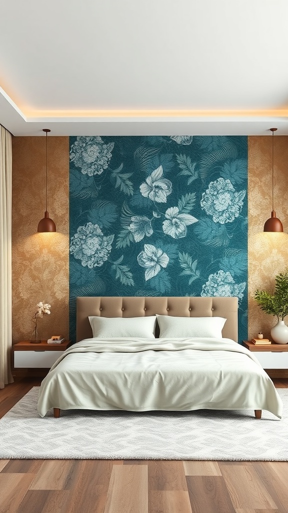 A luxurious bedroom featuring a teal floral accent wall with a gold background, a cozy bed with soft linens, and warm lighting.