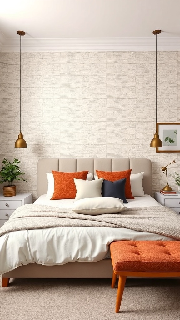 A chic bedroom featuring a textured accent wall, cozy bedding, and vibrant throw pillows.