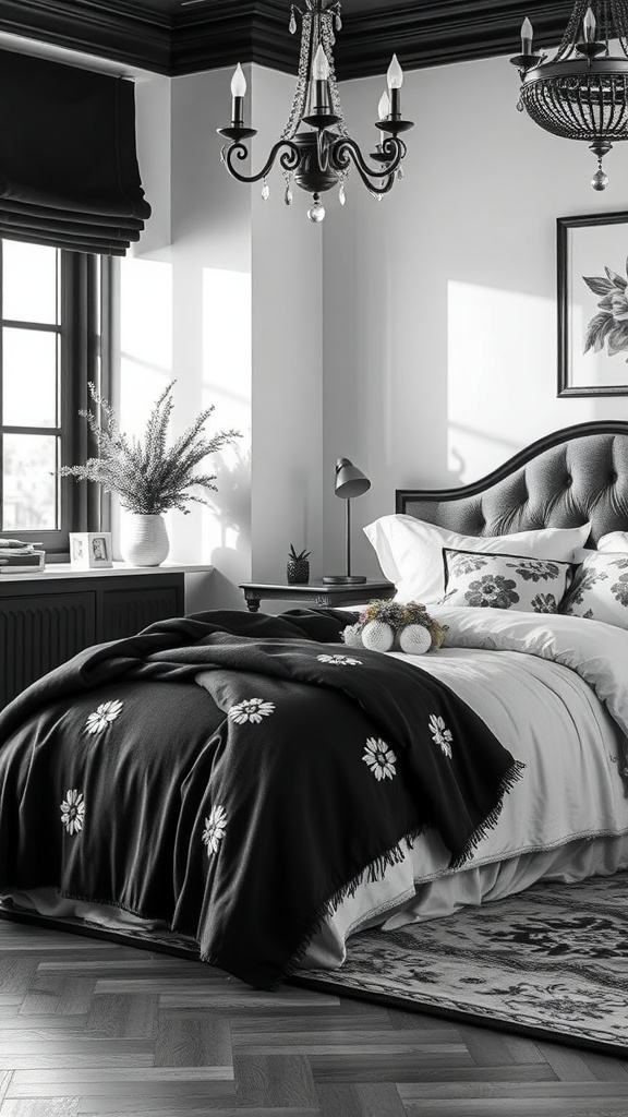 A stylish black and white bedroom featuring a plush bed with an embroidered blanket, elegant lighting, and natural elements.