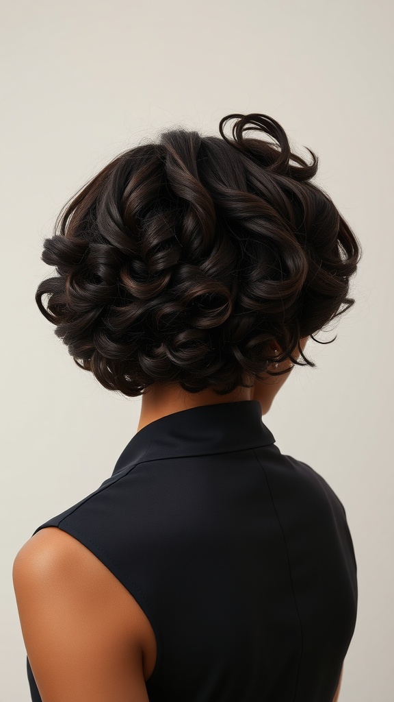 A stylish short curly bob hairstyle with defined curls, viewed from the back.