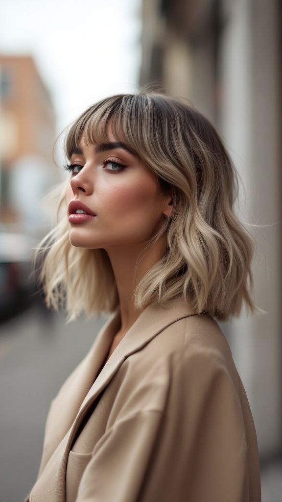 A woman with chic angled side bangs and wavy hair, wearing a beige blazer.
