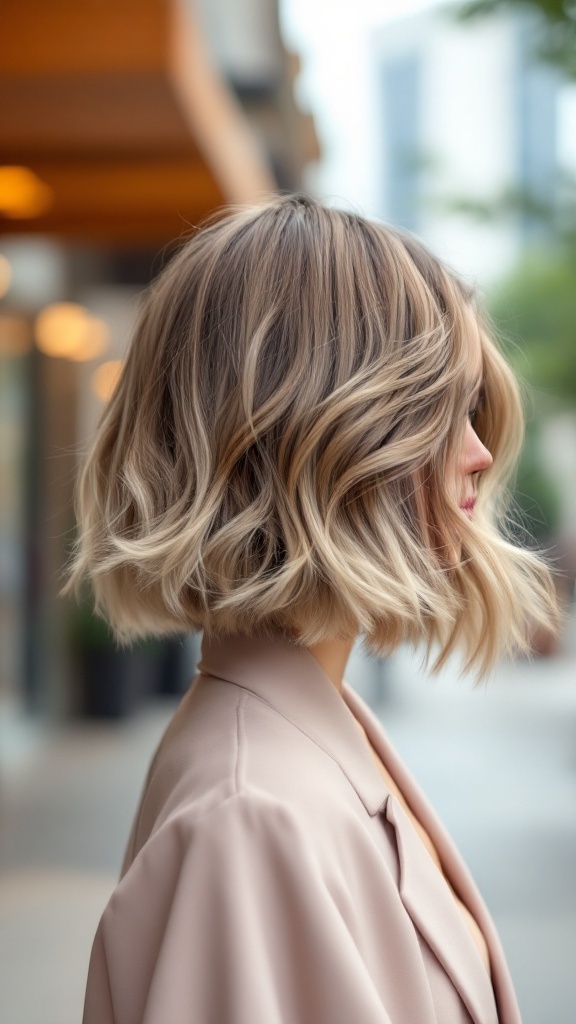A woman with a chic asymmetrical bob hairstyle featuring soft waves, showcasing a stylish look for medium-length hair.
