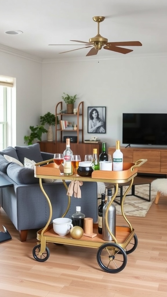 A stylish bar cart with various drinks, glasses, and decorative items in a modern living room setting.