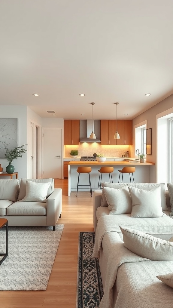 A modern open space living room and kitchen with a chic bar counter and stools.