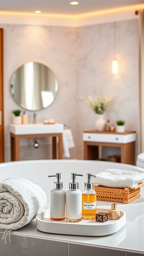 Chic bathroom accessories including soap dispensers, towels, and a plant in a modern bathroom setting.
