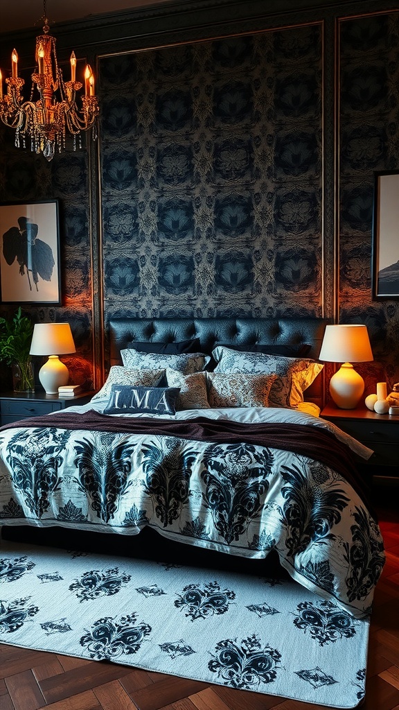 Chic bedding set with elegant black and white patterns in a stylish bedroom setting