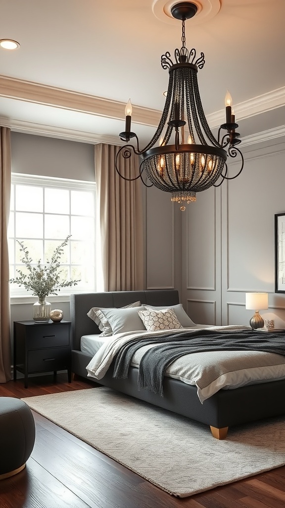 A chic black and gold chandelier hanging above a stylish bed in a modern bedroom