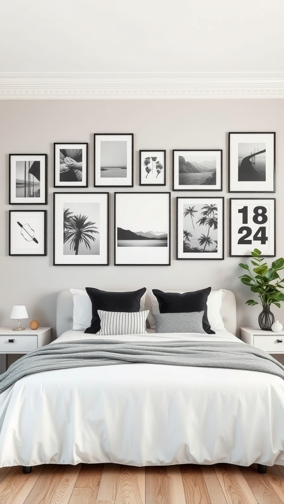 A stylish black and white gallery wall with various framed artworks above a cozy bed.