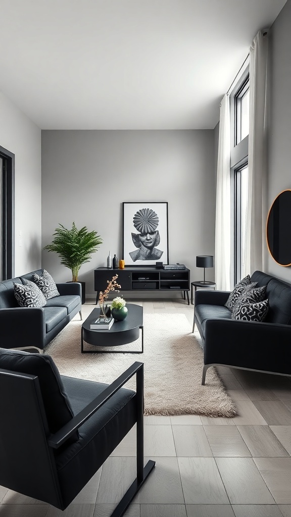 A modern living room featuring black furniture, including sofas and a coffee table, with a light rug and a potted plant.