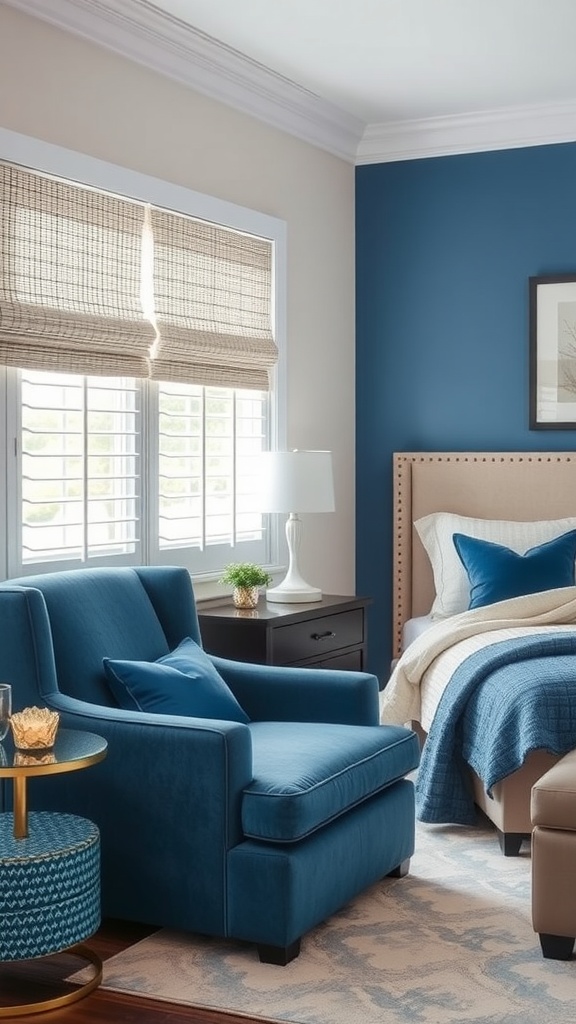 A stylish blue bedroom featuring a blue armchair, blue accent pillows, and a patterned side table.