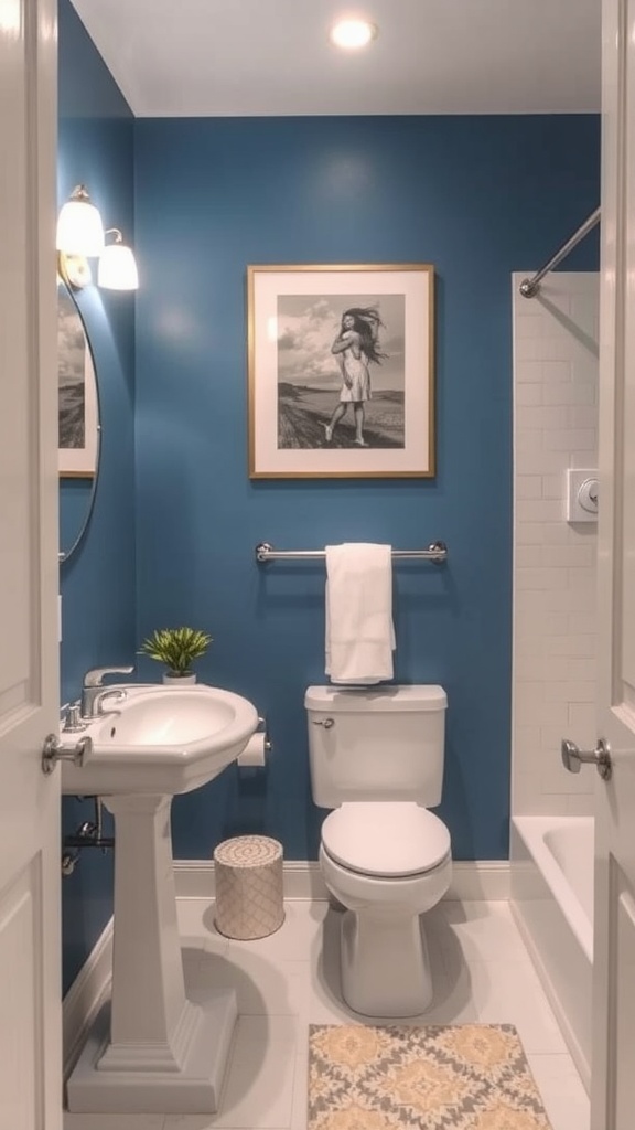 A stylish bathroom with a blue accent wall, featuring white fixtures, a circular mirror, and framed art.