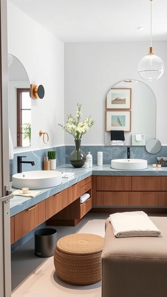 A stylish bathroom featuring blue marble countertops, wooden cabinets, modern fixtures, and decorative elements.