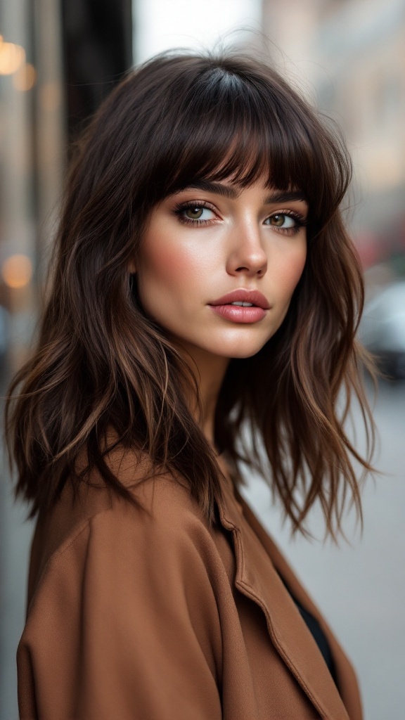 A young woman with medium length layered hair and chic blunt bangs, wearing a brown jacket, smiling and looking stylish in an urban setting.