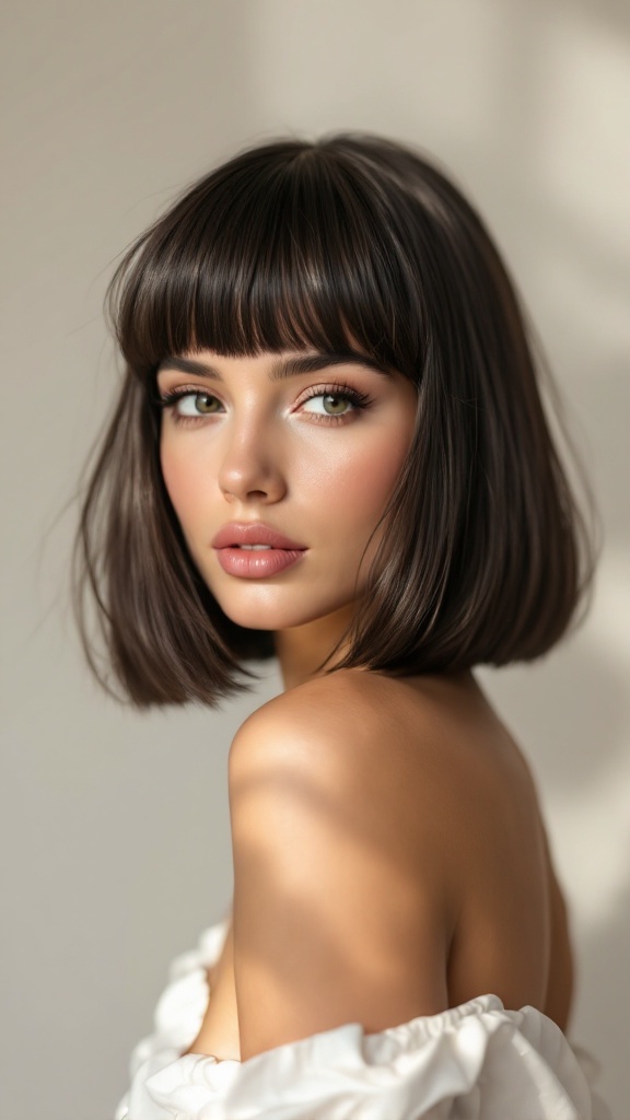 Model with a chic blunt cut hairstyle and soft bangs