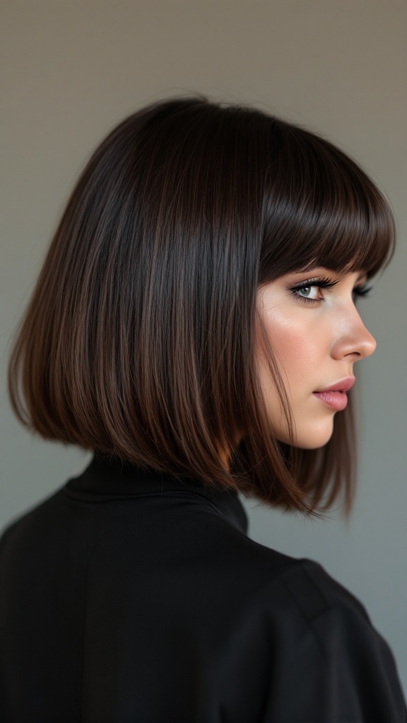 A woman with a chic blunt cut hairstyle and long fringe, displaying a modern and elegant look.