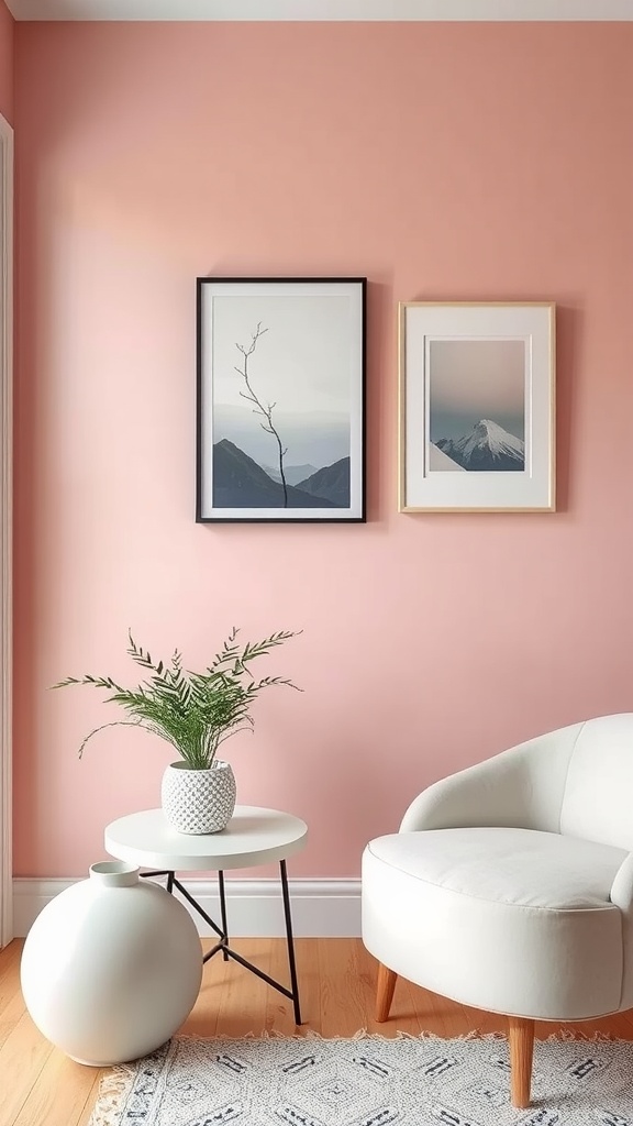 A cozy room with a blush pink accent wall, featuring a white chair, modern coffee table, and potted plant.