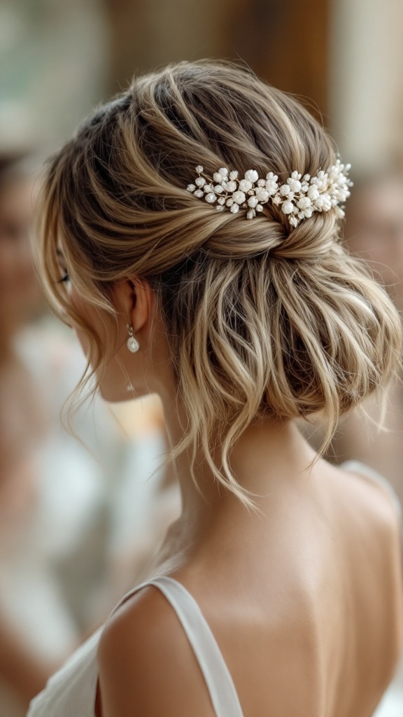 A chic bob hairstyle adorned with a decorative hairband, showcasing soft waves and elegant accessories.