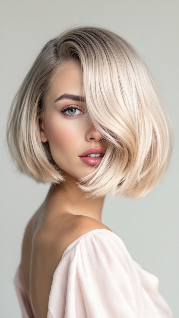 Chic bob hairstyle with a side part, featuring smooth blonde hair framed beautifully around the face.