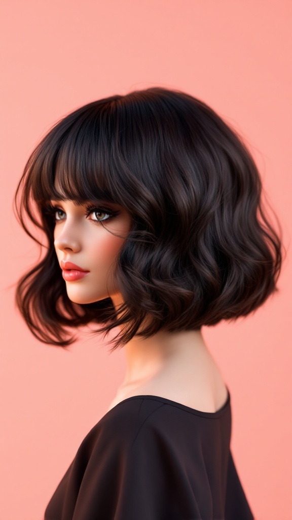 A mannequin with a chic bob hairstyle featuring soft waves, set against a pink background.