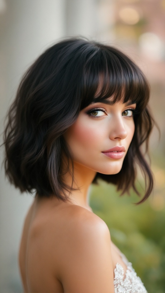 A woman with a chic bob hairstyle and textured bangs, looking elegant.