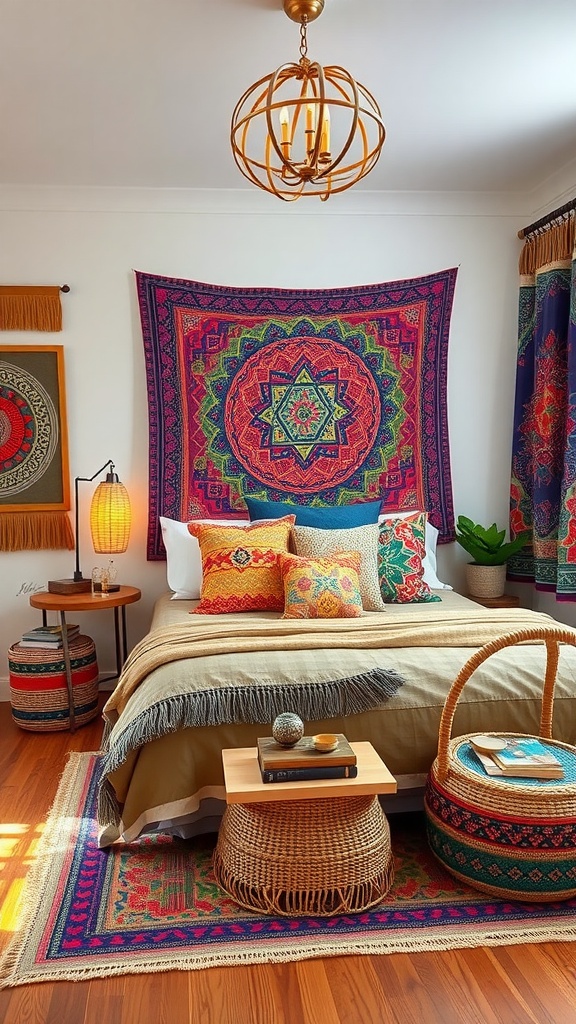A colorful bohemian bedroom featuring a tapestry, decorative pillows, and woven furniture.