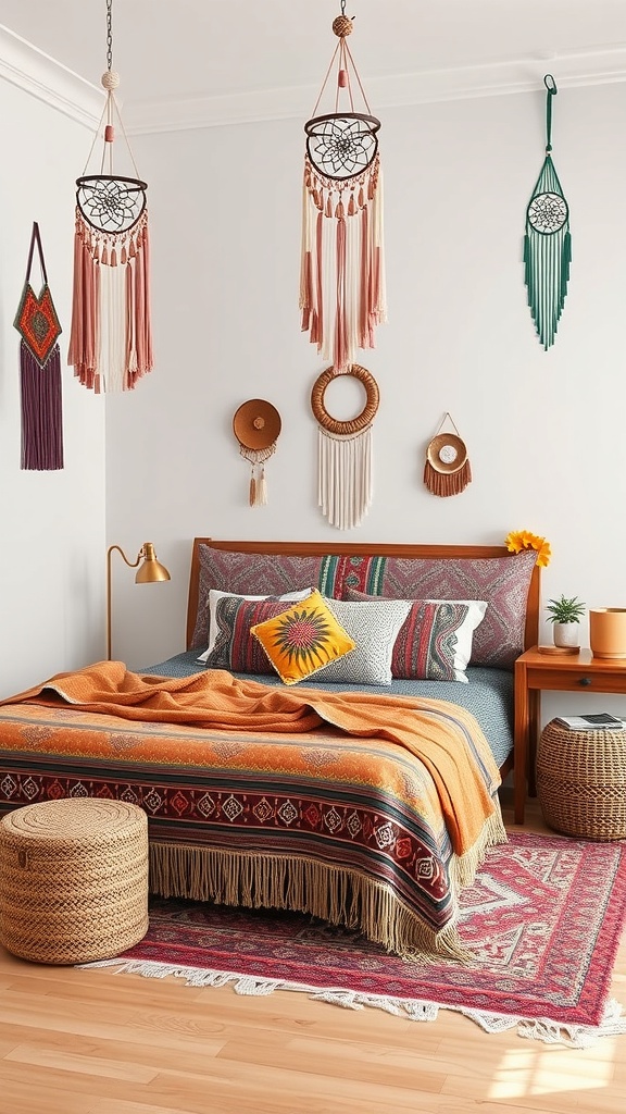 A chic bohemian bedroom featuring a colorful bedspread, decorative pillows, dreamcatchers on the wall, and a cozy atmosphere.