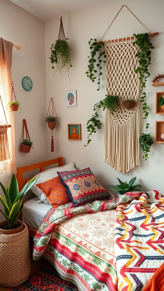 A chic bohemian styled teen bedroom with colorful patterns, hanging plants, and cozy decor.