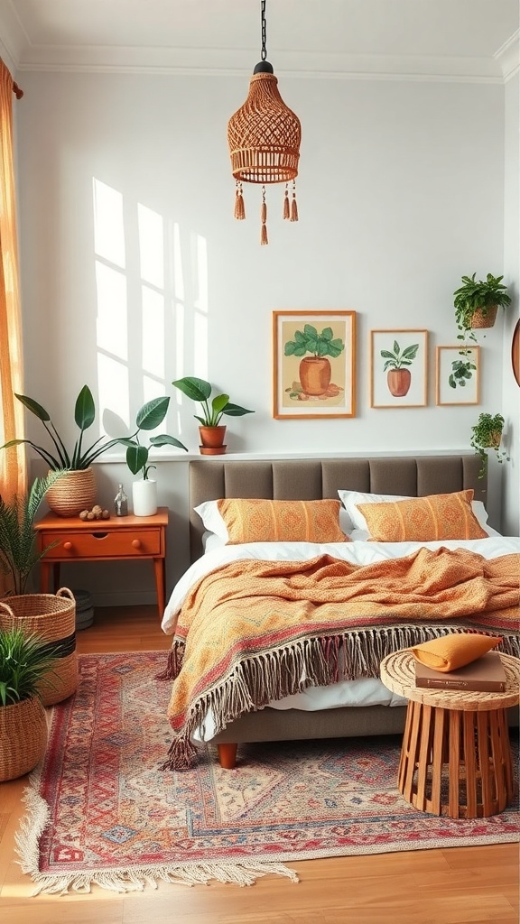 A cozy bohemian bedroom with plants, warm bedding, and a unique hanging lamp.