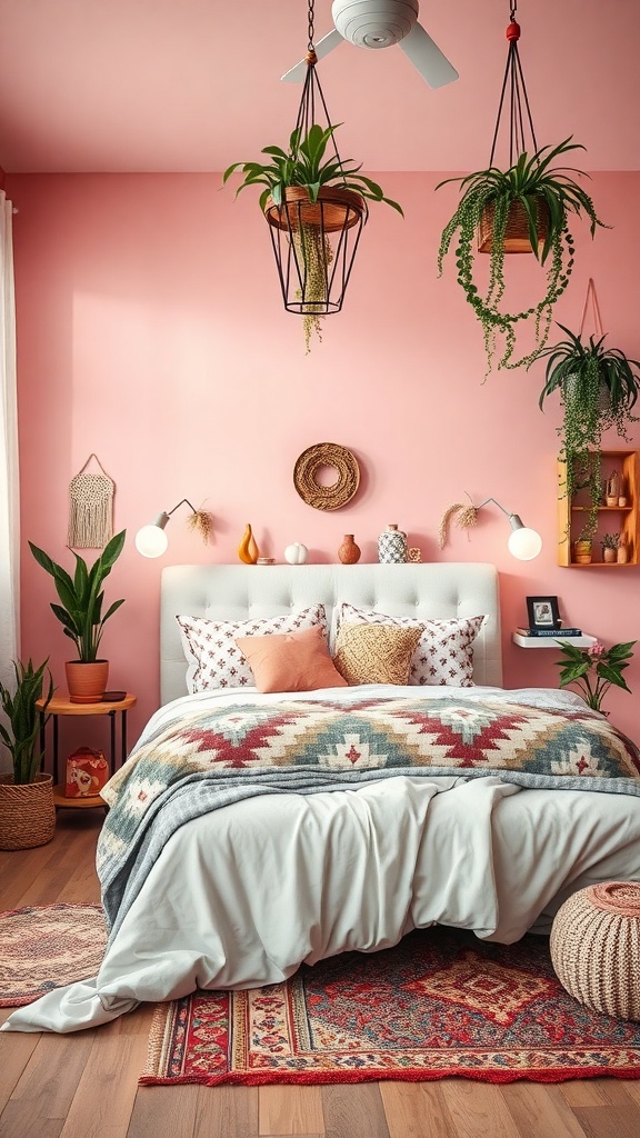 A chic bohemian styled pink bedroom with hanging plants, a cozy bed, and warm decor.