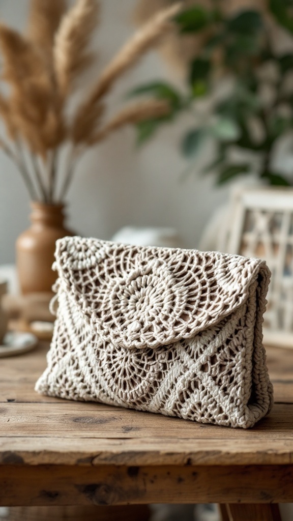 Chic boho crochet clutch displayed on a wooden table with decorative plants in the background.