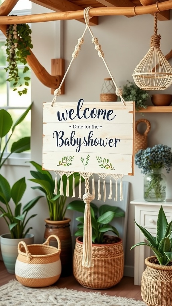 A welcome sign for a baby shower in a chic boho style, featuring greenery illustrations and hanging decor elements.