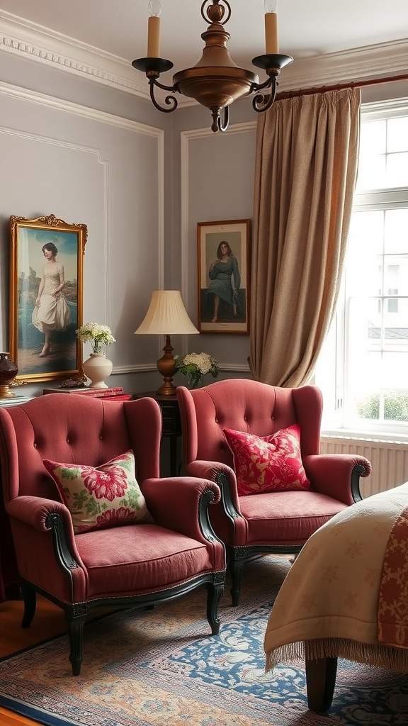 Two vintage-style boudoir chairs with floral pillows in a cozy bedroom setting.