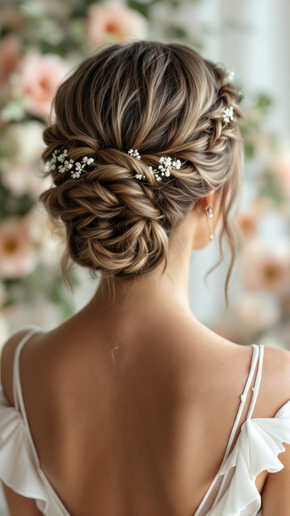 A close-up view of a chic braided crown hairstyle adorned with small white flowers, showcasing a romantic updo.