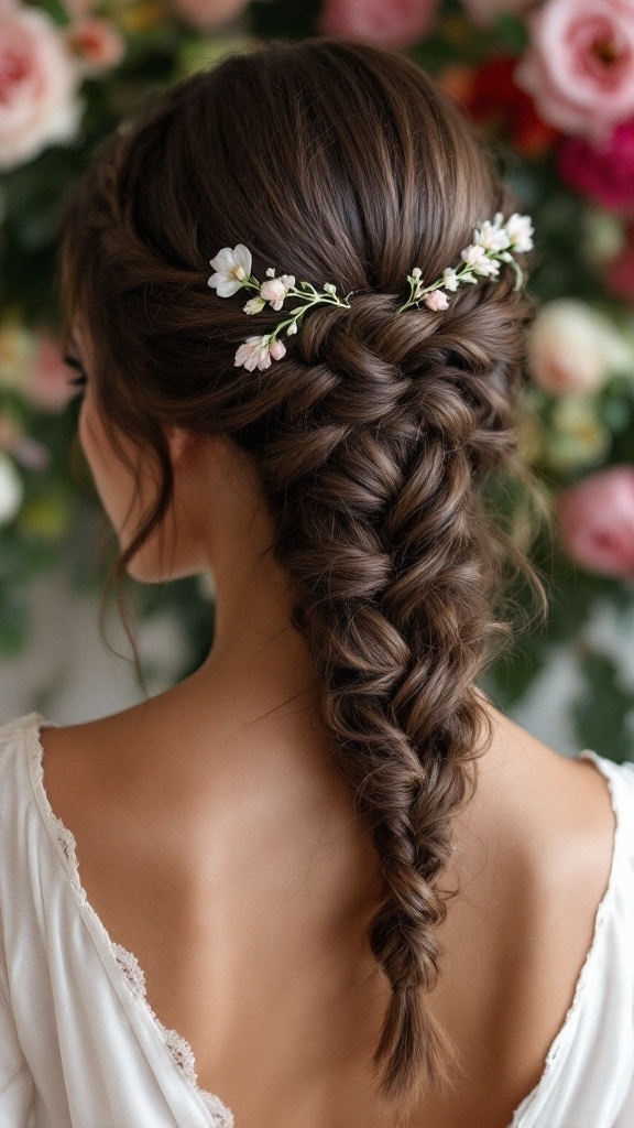 A chic braided crown hairstyle on brunette hair adorned with small flowers.