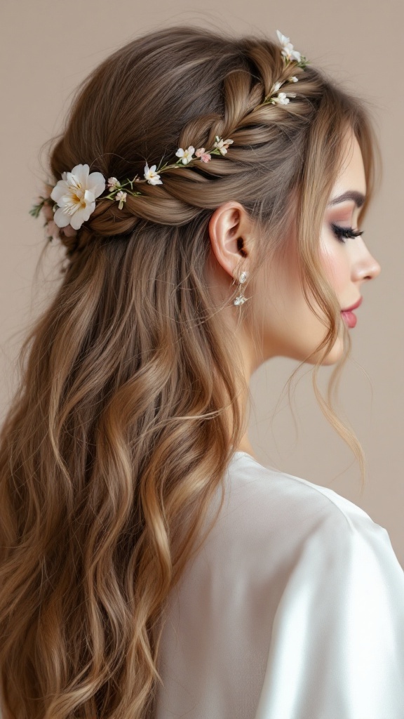 A woman with a chic braided crown hairstyle adorned with flowers, featuring long wavy hair.