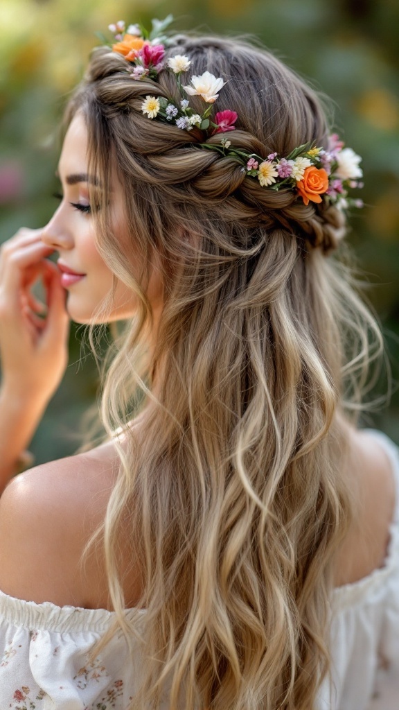 A woman with medium-length hair styled in a braided crown adorned with flowers.