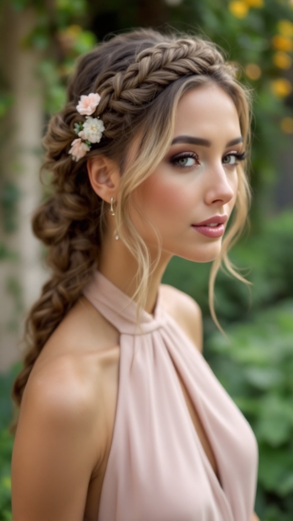 A woman with a braided crown hairstyle and a long braid, wearing a halter neck dress.