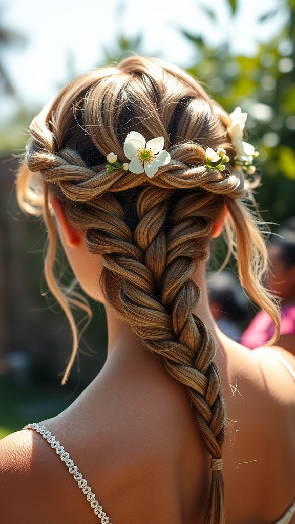 A woman with a chic braided crown adorned with white flowers, showcasing an elegant hairstyle from the back.