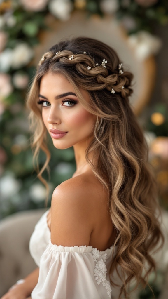 A bride's maid hairstyle featuring a chic braided crown adorned with loose curls and delicate floral accents.