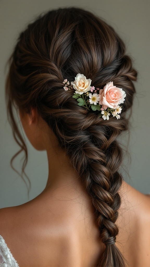 Chic braided updo hairstyle with flowers